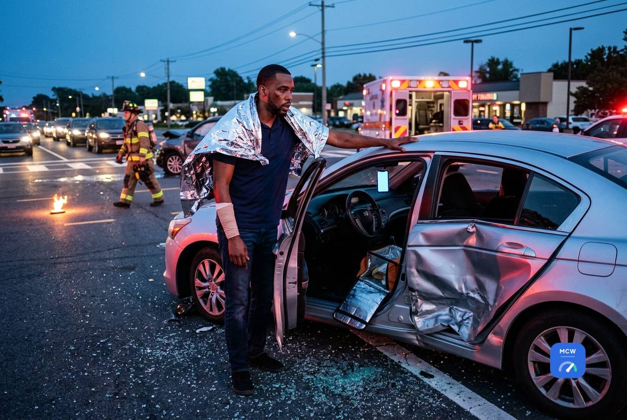 Man wrapped in an emergency blanket standing beside his damaged car at dusk as an ambulance and firefighter respond