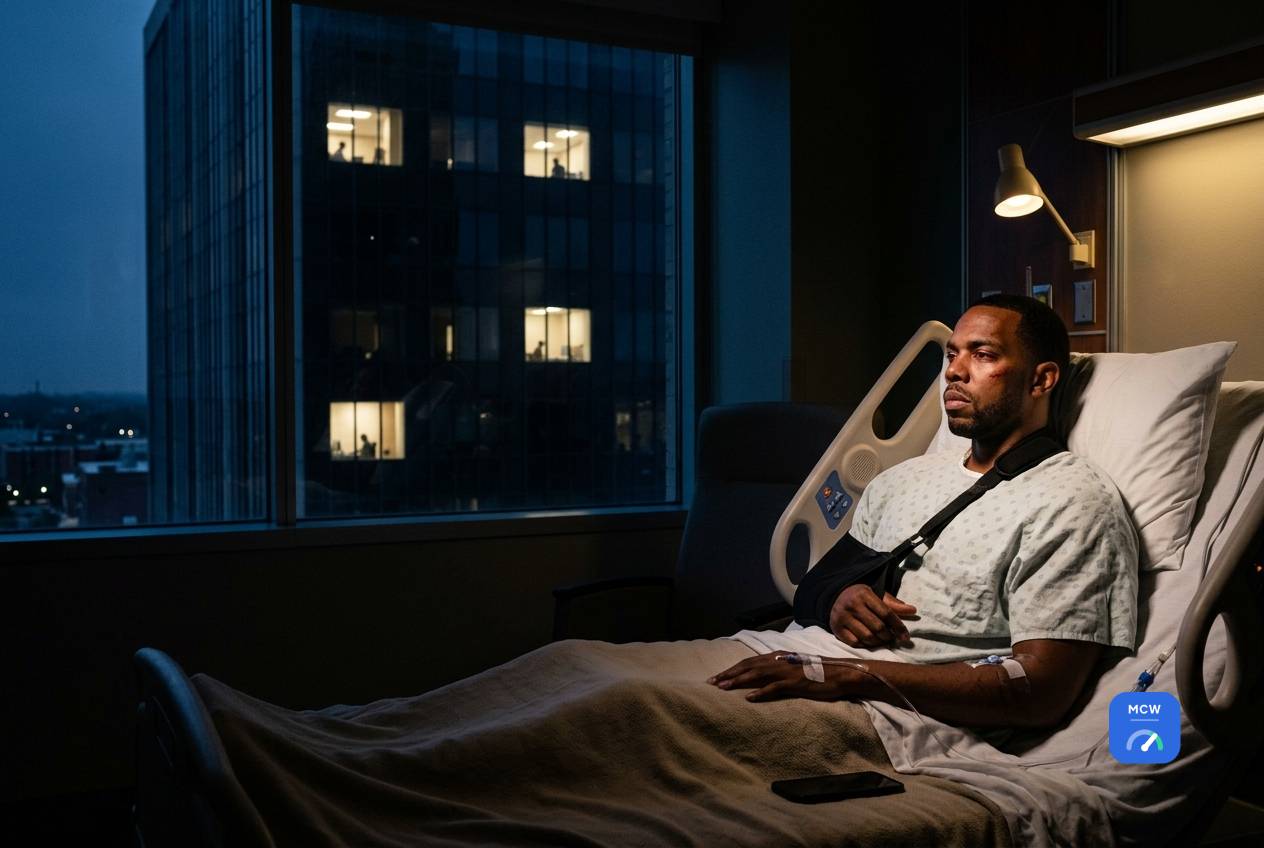 Man in a hospital bed at night with his arm in a sling and an IV line in his hand