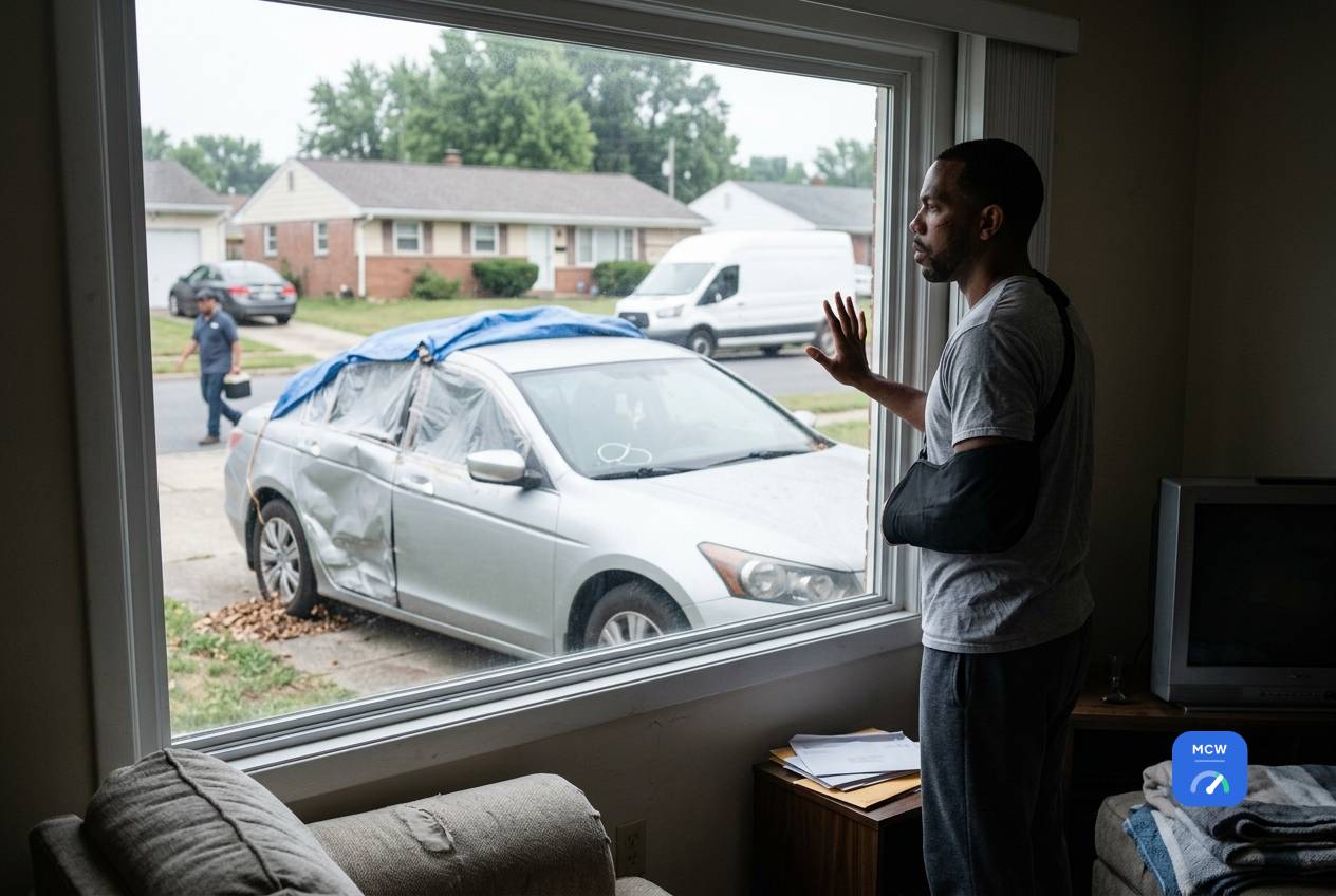 Man at home in an arm sling looking out the window at his wrecked car under a tarp