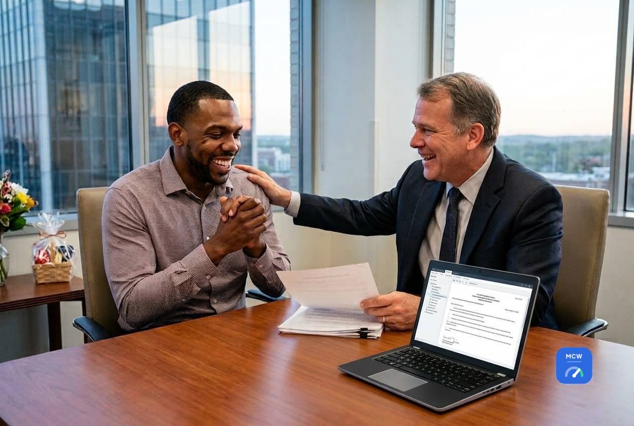 Man smiling with his attorney in an office after resolving his accident claim