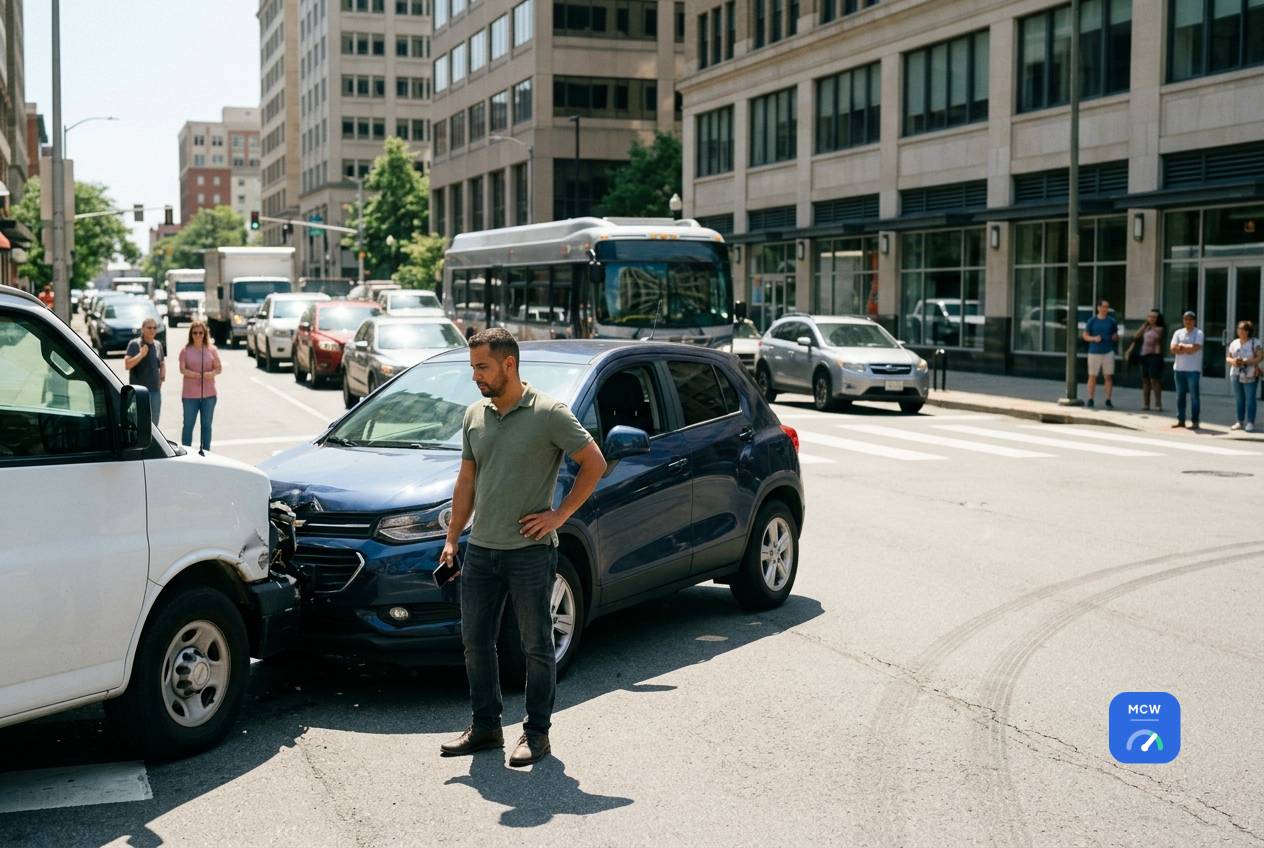 Man standing in a busy city intersection beside his damaged SUV after a daytime collision with a delivery van