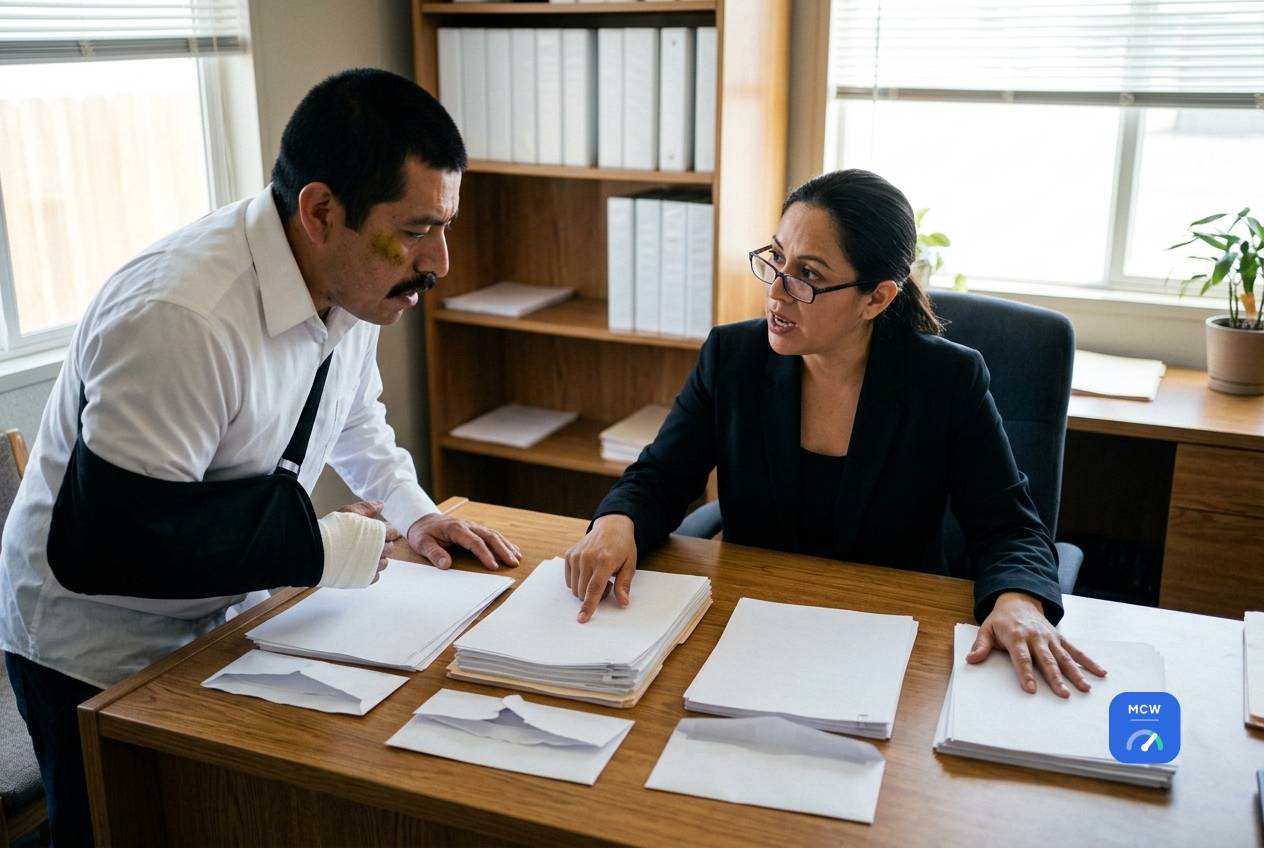 Injured man in an arm sling meeting with an attorney reviewing case files